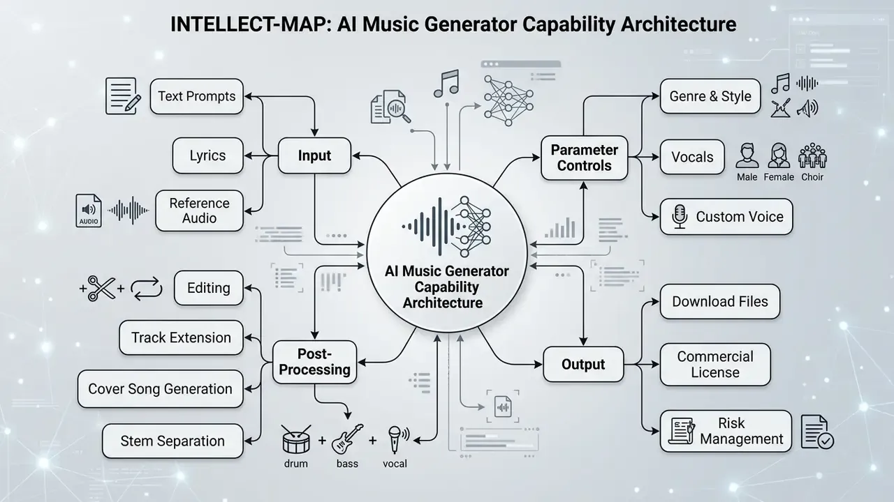 Mind map showing the functional architecture of an AI music generator with input, control, and output nodes