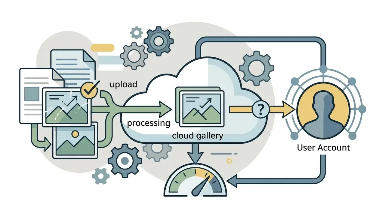 Process flow showing images uploaded to a cloud gallery and linked to a user account for potential retention