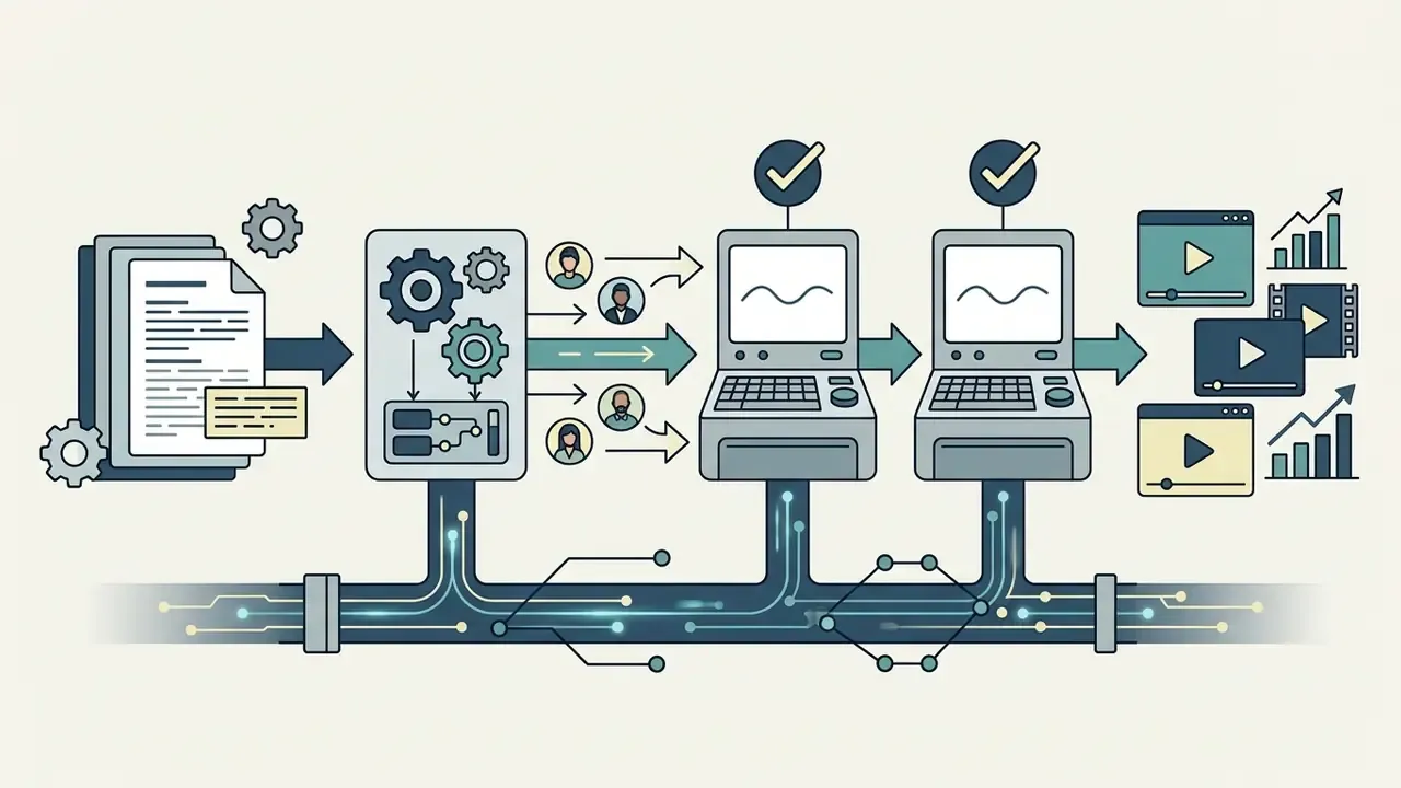 Process flow showing scripts converted into AI avatars and video assets via automated pipelines