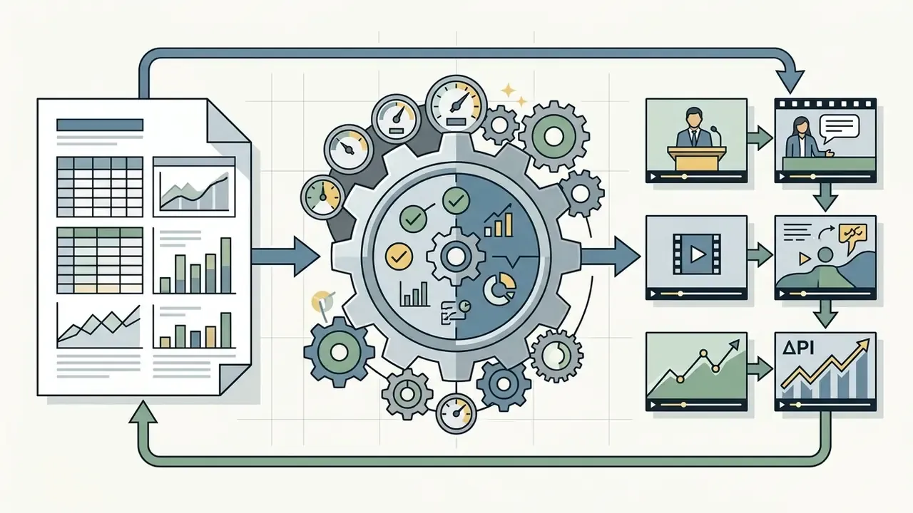 Spreadsheet data feeding into a central gear engine that outputs narrated video clips and charts