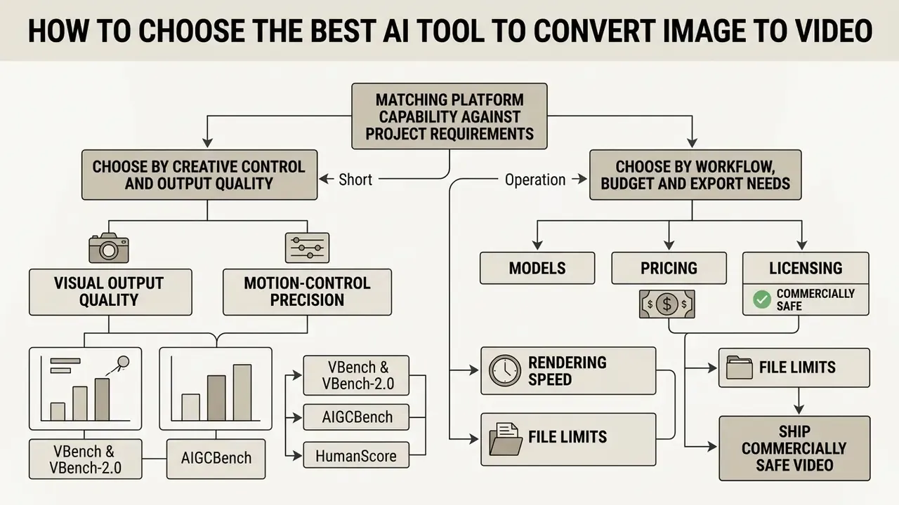 Decision tree diagram outlining criteria for selecting image to video AI tools based on quality and workflow