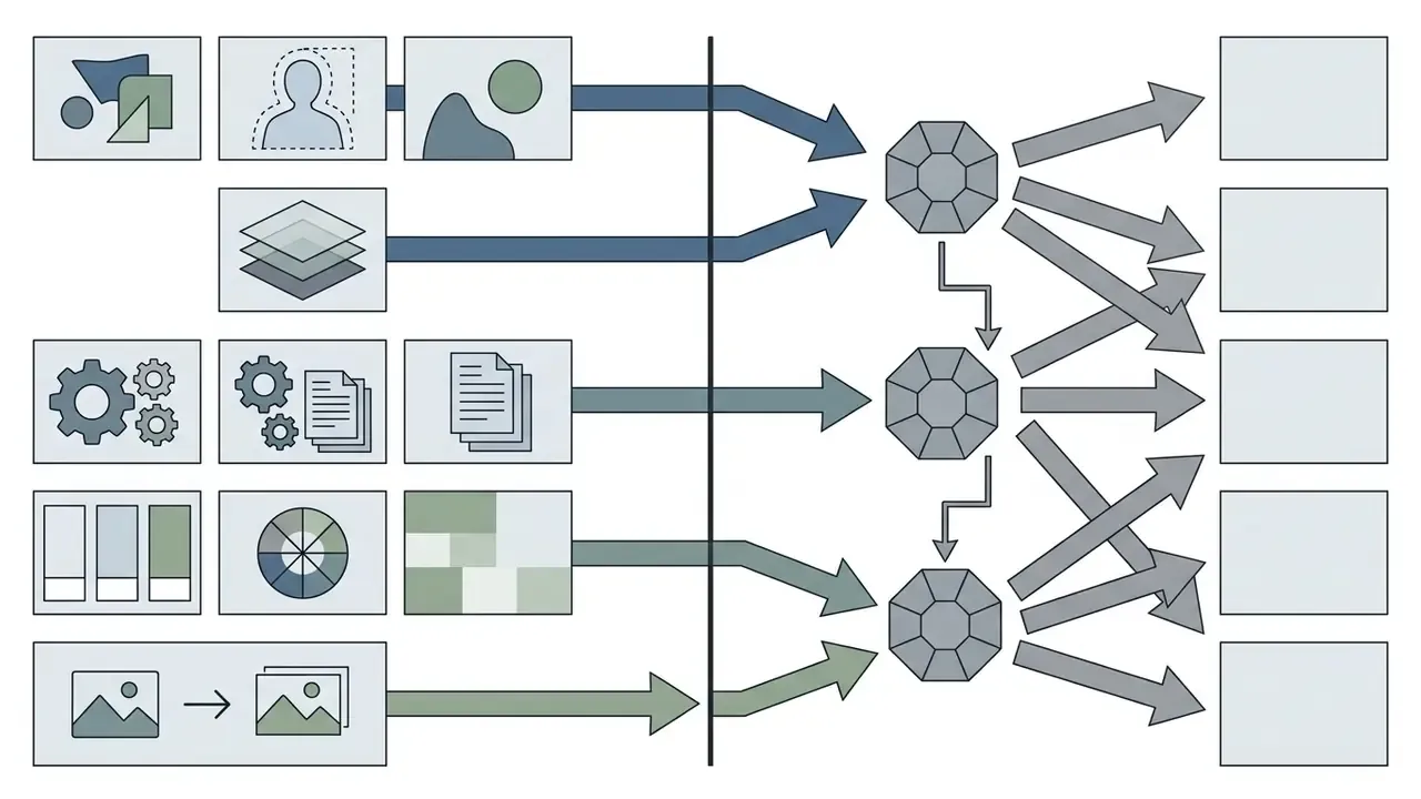 Flowchart showing various image processing inputs feeding into shared API nodes and output blocks