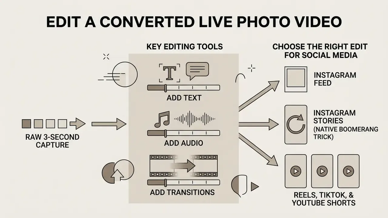 Infographic showing how to enhance converted Live Photo videos with text, audio, and transitions for social media
