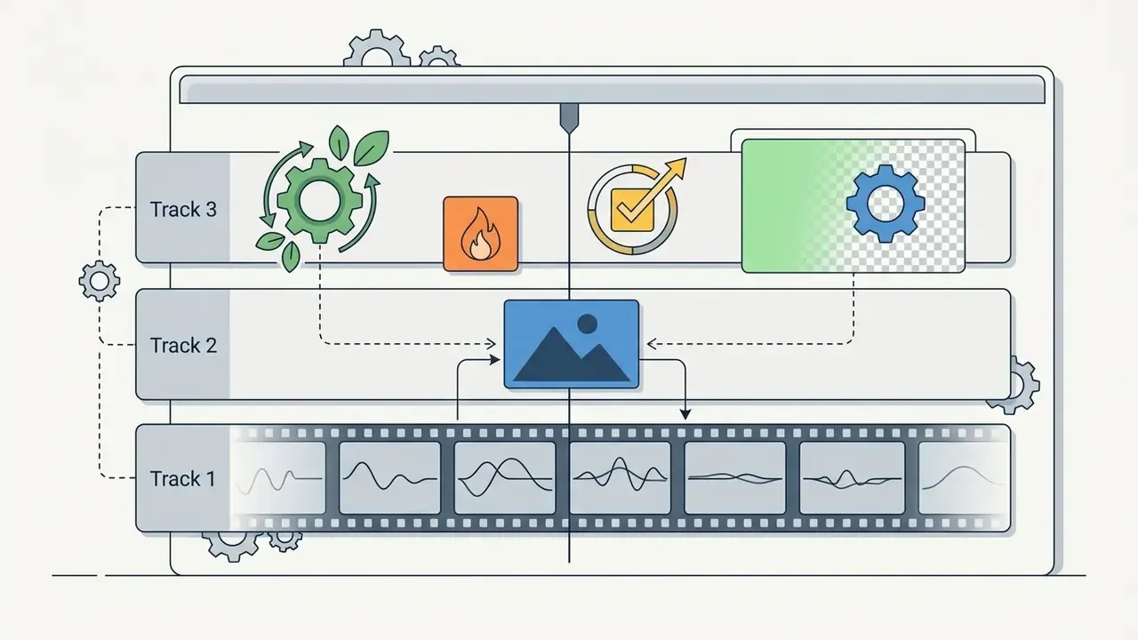 Three horizontal video editing tracks with icons for overlays, stickers, and media layered over a film strip