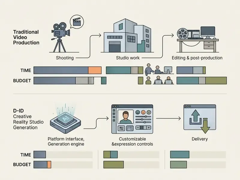 Comparison chart showing time and budget savings between traditional video production and D-ID studio workflows