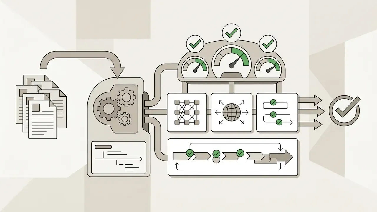 Documents feeding into a gear mechanism that outputs metrics to gauges and a final verification stamp