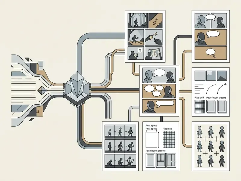 Flowchart showing a central processing unit generating various comic book pages and layout templates