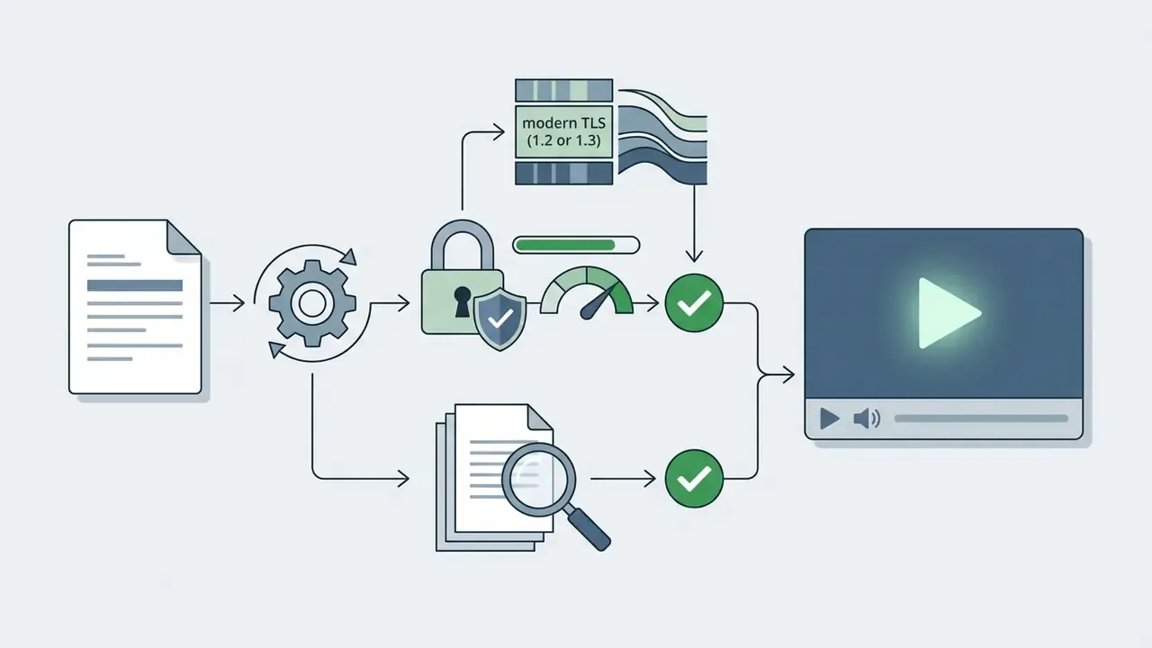 Document processing through security checks and TLS validation before media playback in a browser window
