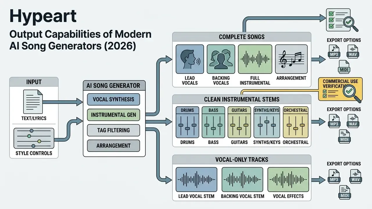 Infographic mapping how an AI song maker processes inputs into complete songs, instrumental stems, and vocal tracks