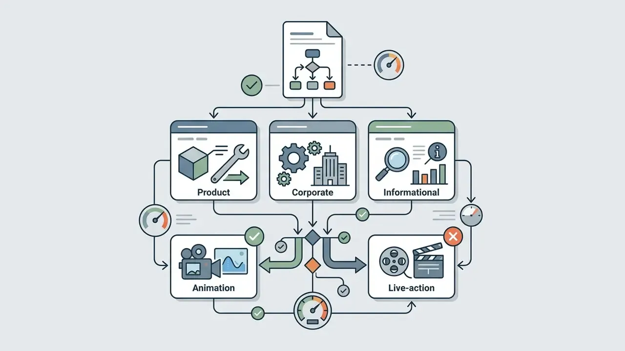 Decision path connecting product, corporate, and informational content types to animation or live action