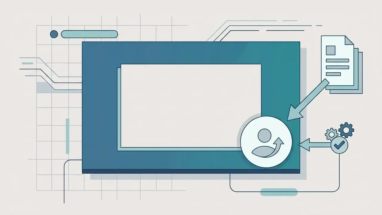 Circular channel icon overlay pointing to a document and gear settings icons on a video frame