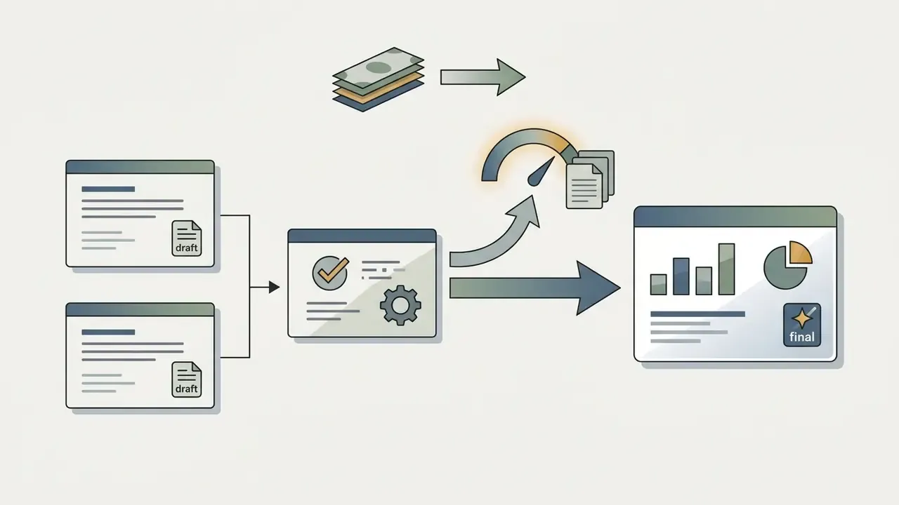 Draft documents feeding into a gear mechanism that outputs a final report with charts and currency