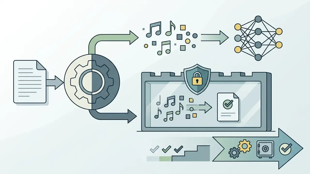 Document input branching into neural network training or a secure vault for protected music data