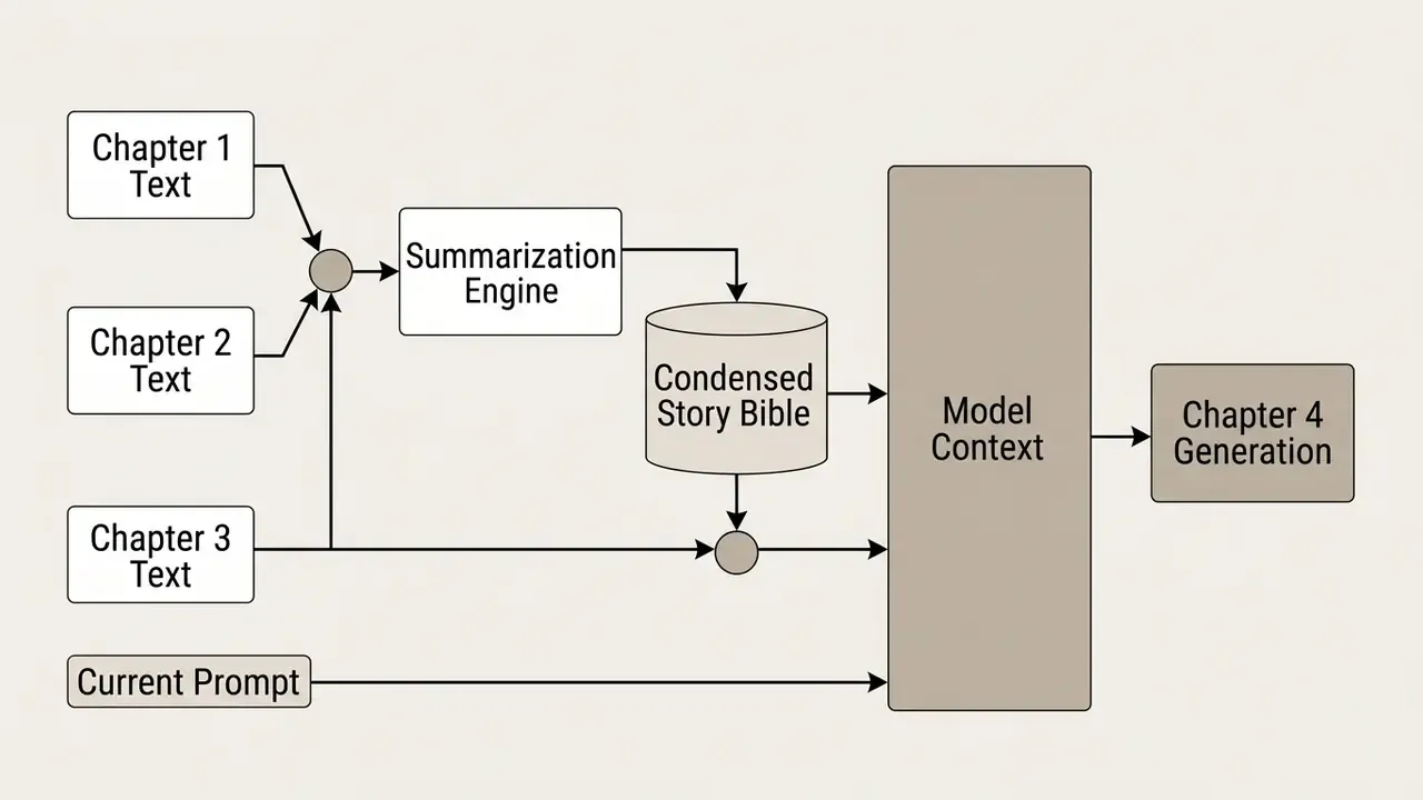 Diagram showing text inputs feeding into a summarization engine and story bible for model context
