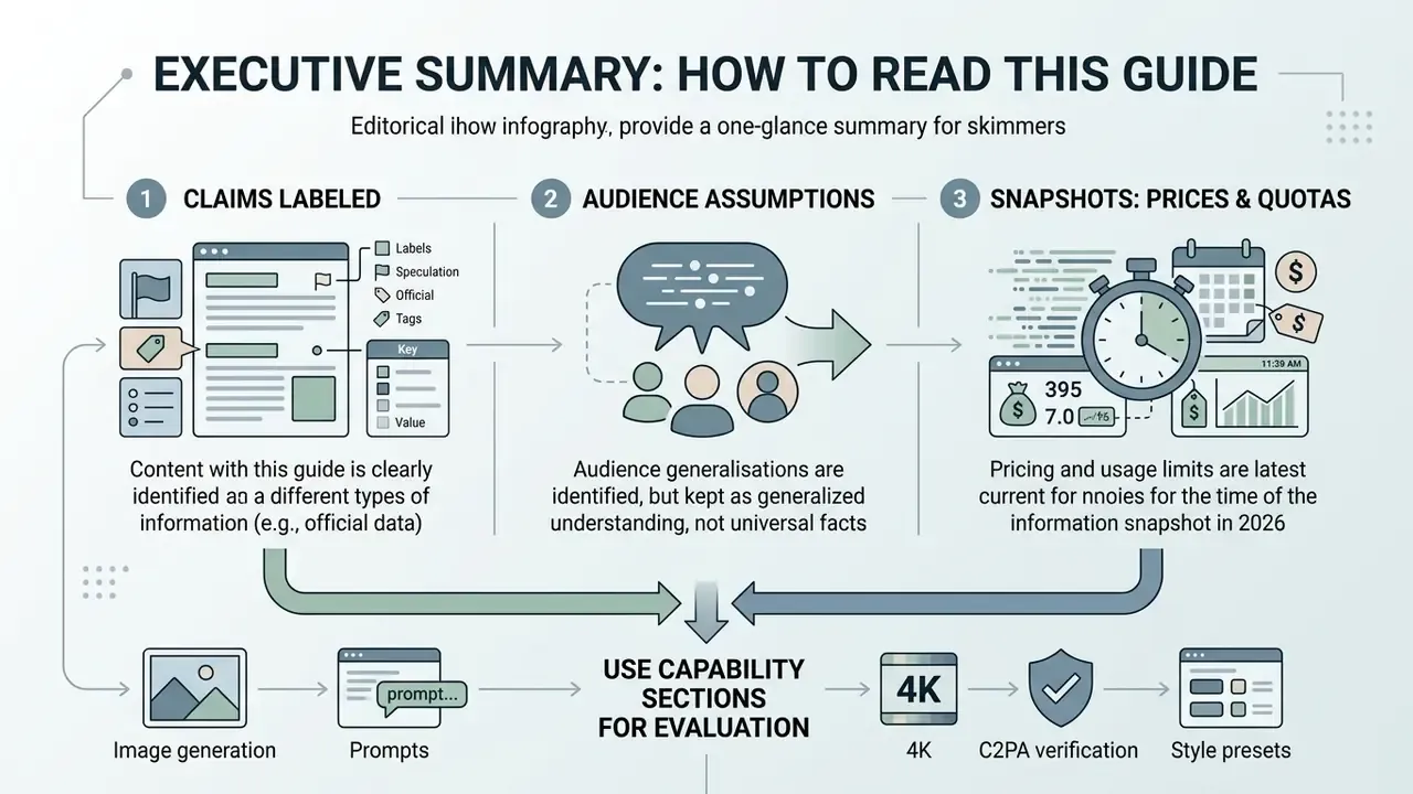 Infographic showing three reading rules for navigating guide content and evaluating AI capabilities