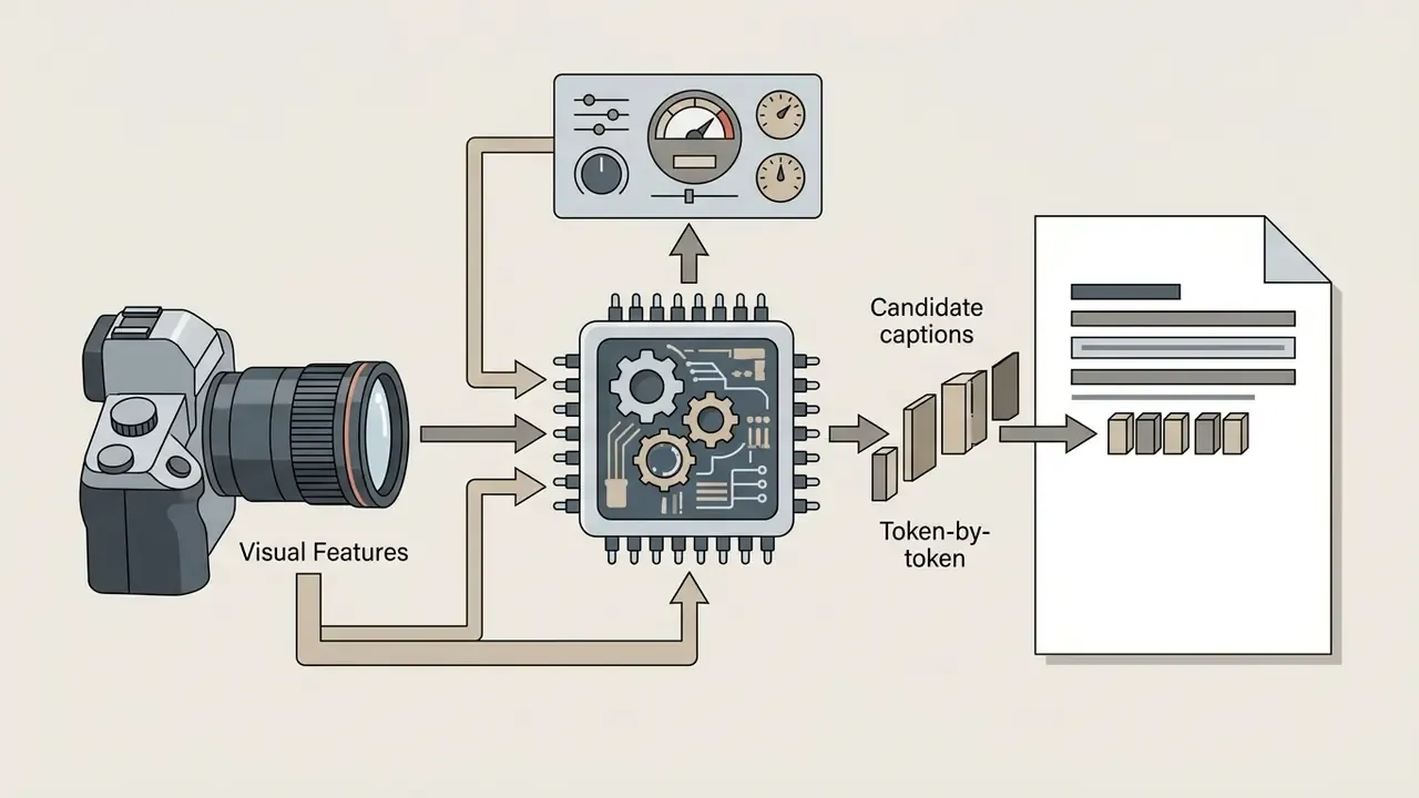 Camera capturing visual features to feed a processor that generates text tokens for a document