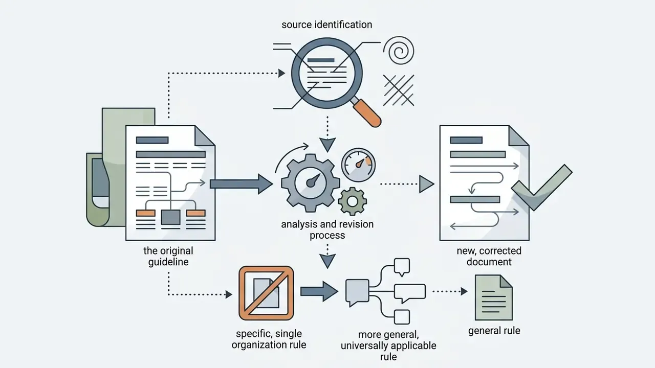 Document revision process using a magnifying glass and gears to transform specific rules into general guidelines
