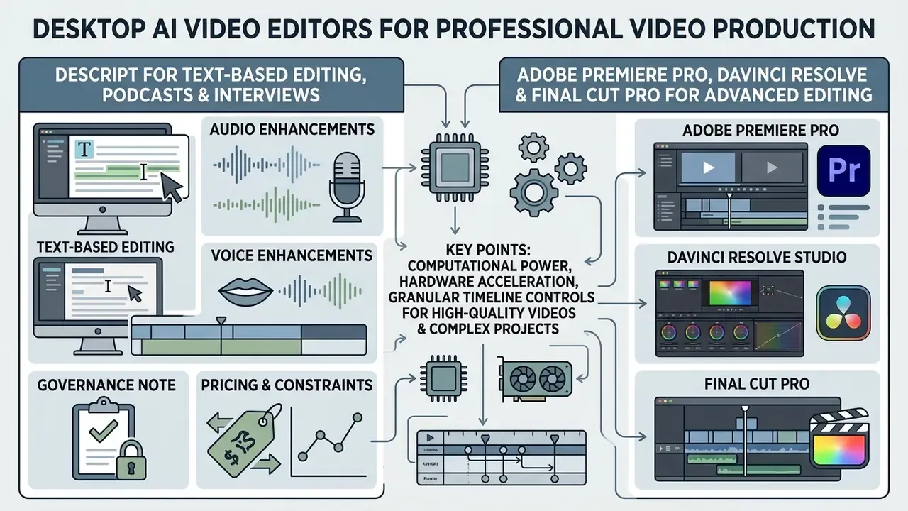 Comparison of Descript and professional video editors highlighting key AI features and hardware requirements