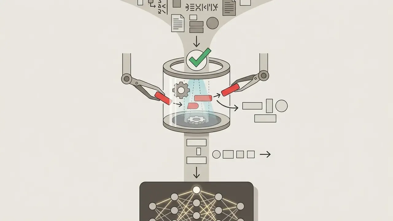 Mechanical arms filtering data symbols through a glass chamber before processing in a neural network