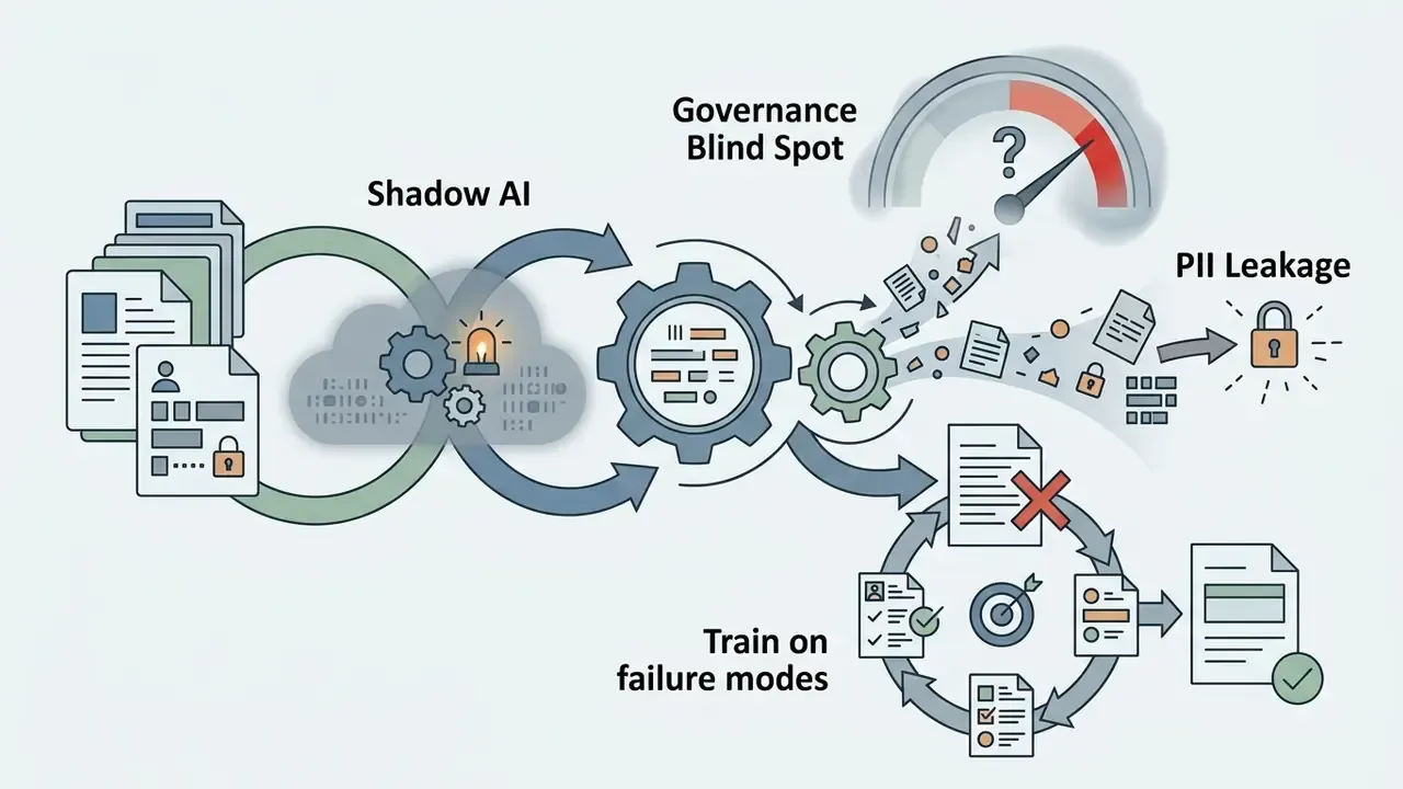 Documents cycle through a gear system showing risks of unmonitored processing and data exposure
