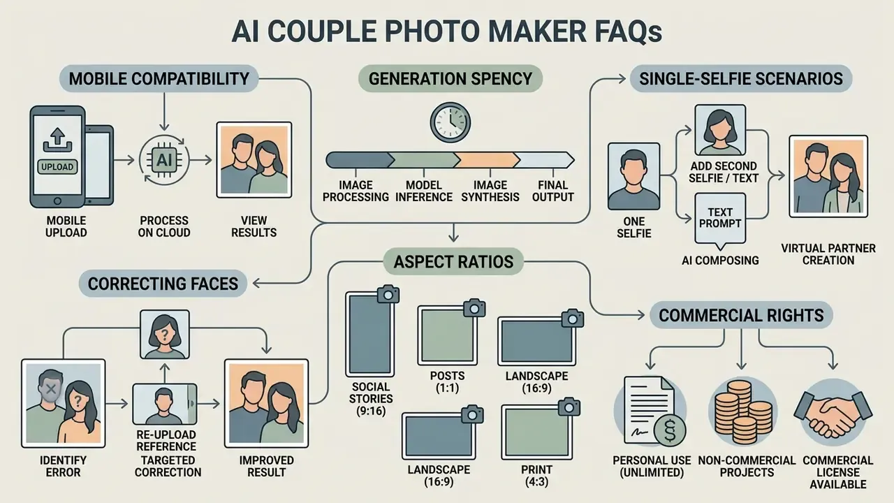 Flowchart outlining technical processes, aspect ratios, and usage rights for generating digital portraits