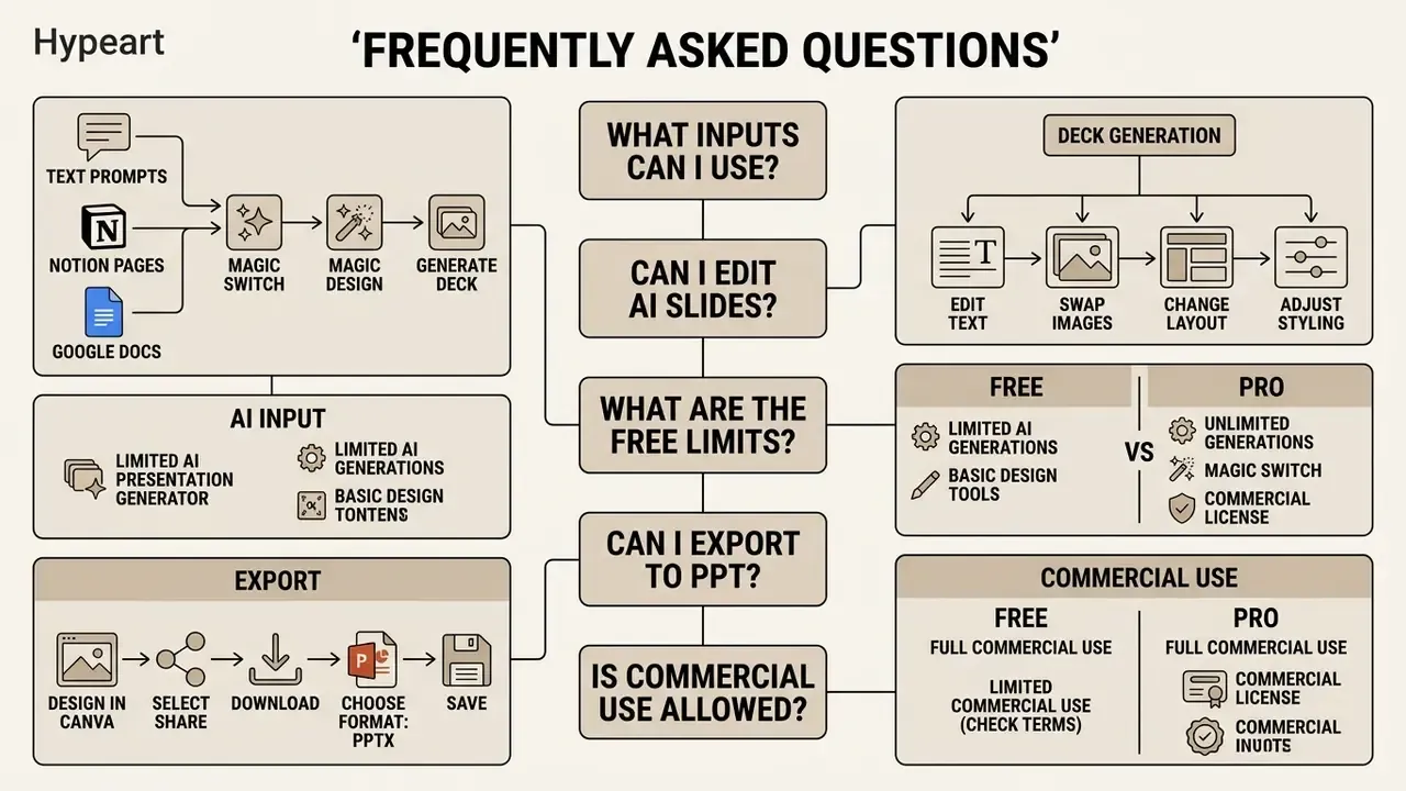 Diagram mapping user questions about AI slide creation to input methods, editing tools, and subscription plans