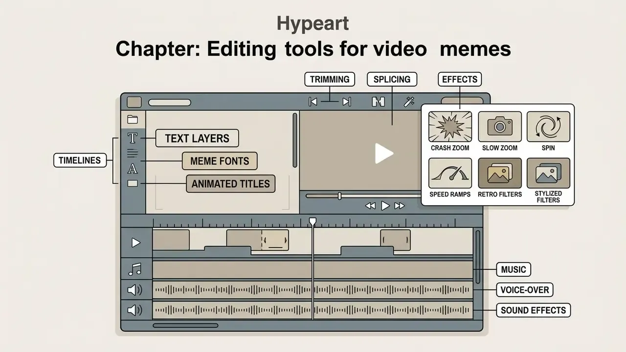 Layout of a video editor interface highlighting text tools, timeline tracks, and visual effect presets