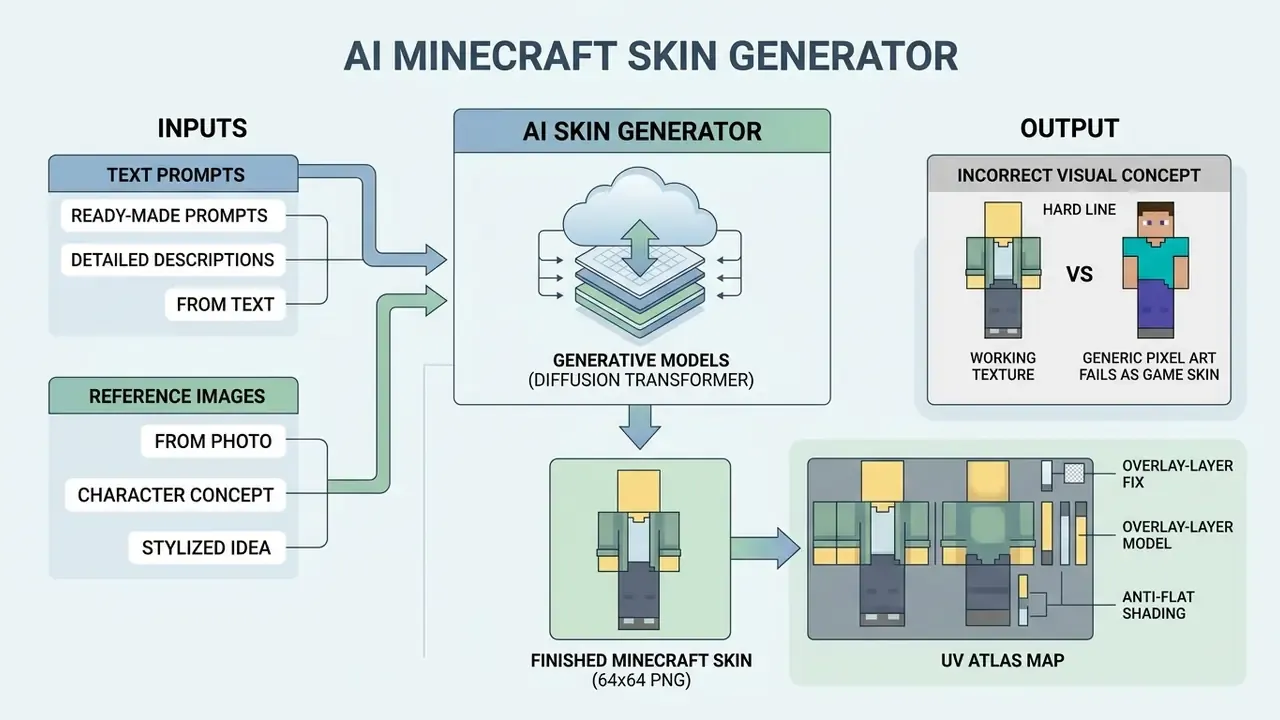 Flowchart showing how text prompts and images feed into generative models to create Minecraft character skins