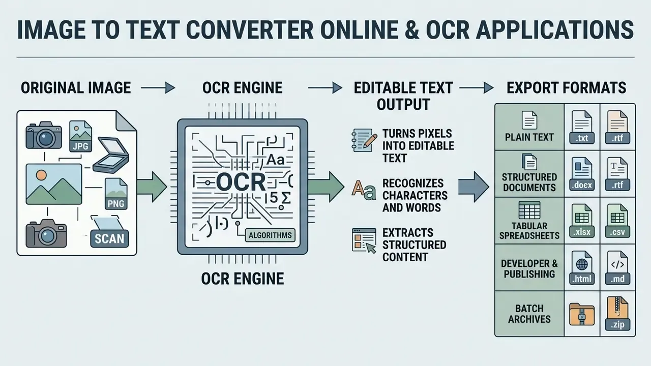 Flowchart showing how an OCR engine processes images into editable text and various export file formats