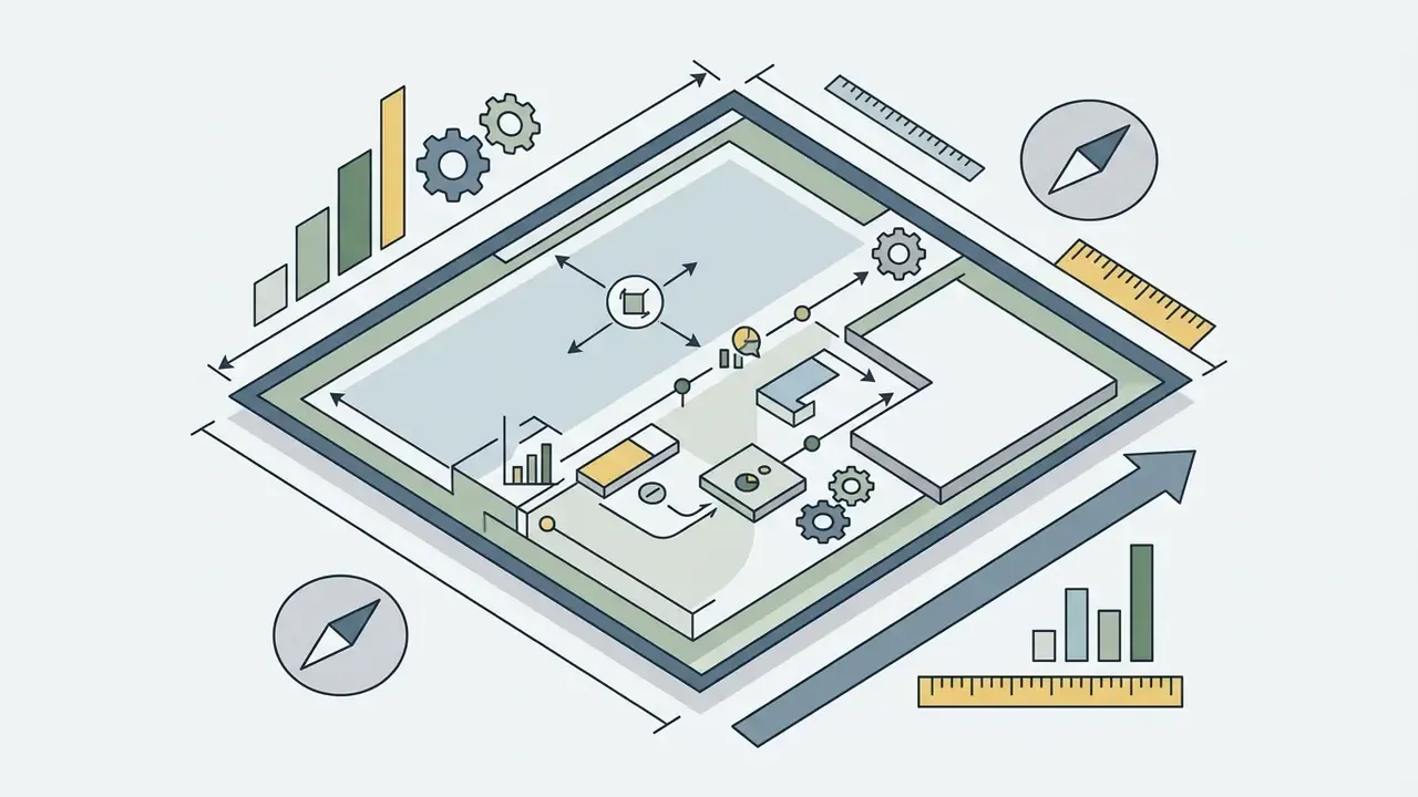 Isometric floor plan surrounded by measurement tools, compasses, gears, and data charts