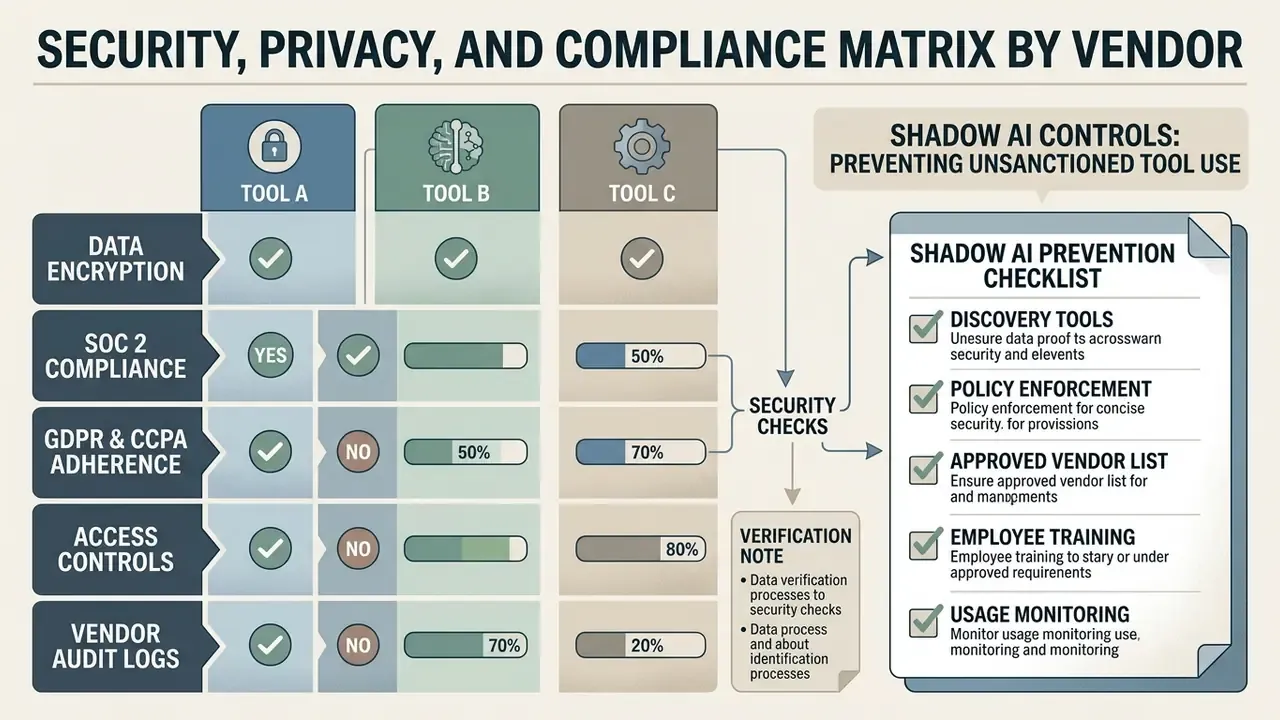 Comparison table showing vendor security features alongside a checklist for preventing shadow AI usage