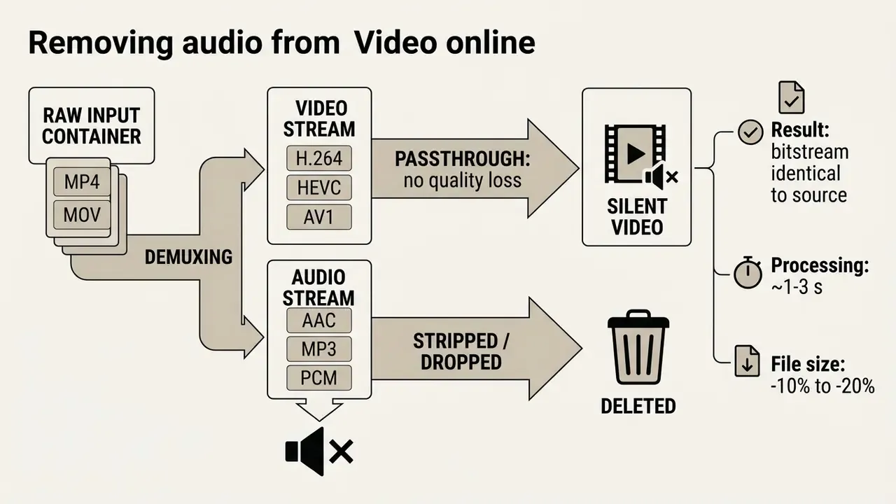 Flowchart showing how video streams are preserved while audio tracks are removed during demuxing
