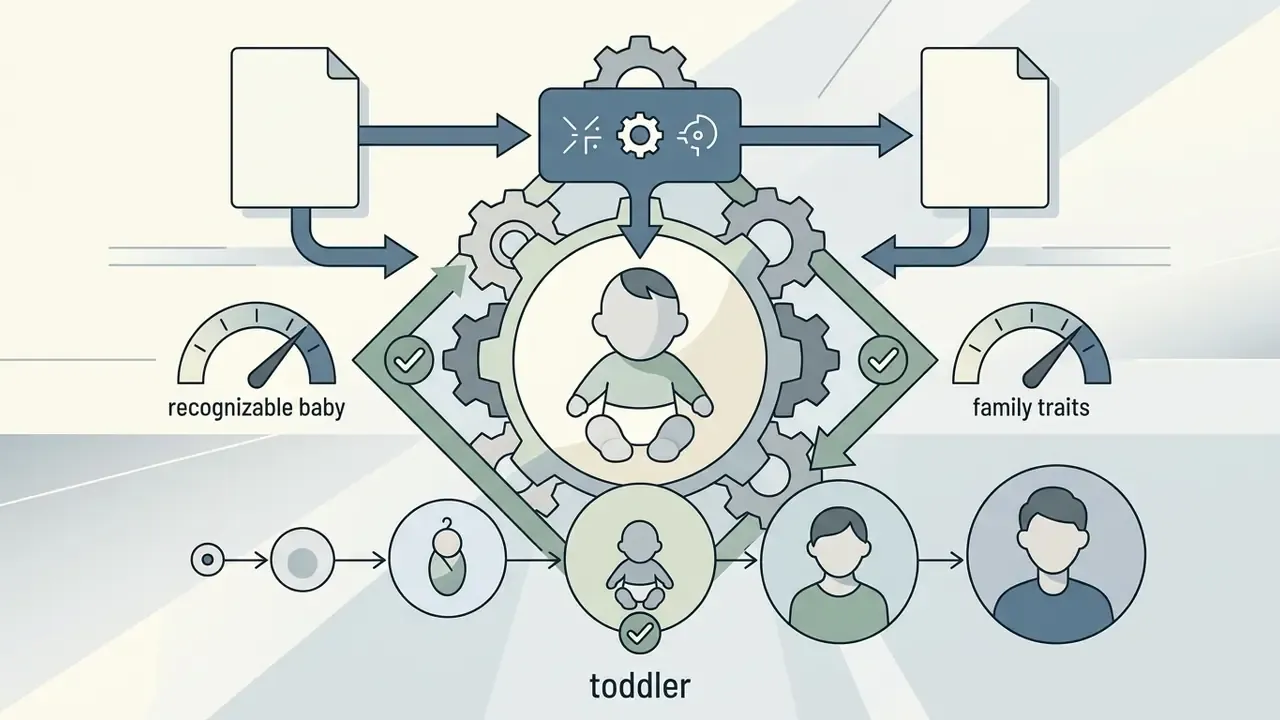 Gears and dials balancing recognizable baby features with family traits to synthesize a toddler portrait