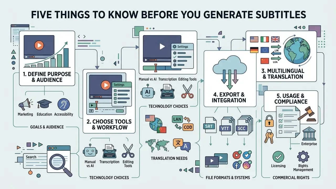 Infographic outlining five key steps for a video subtitle generator workflow from planning to compliance