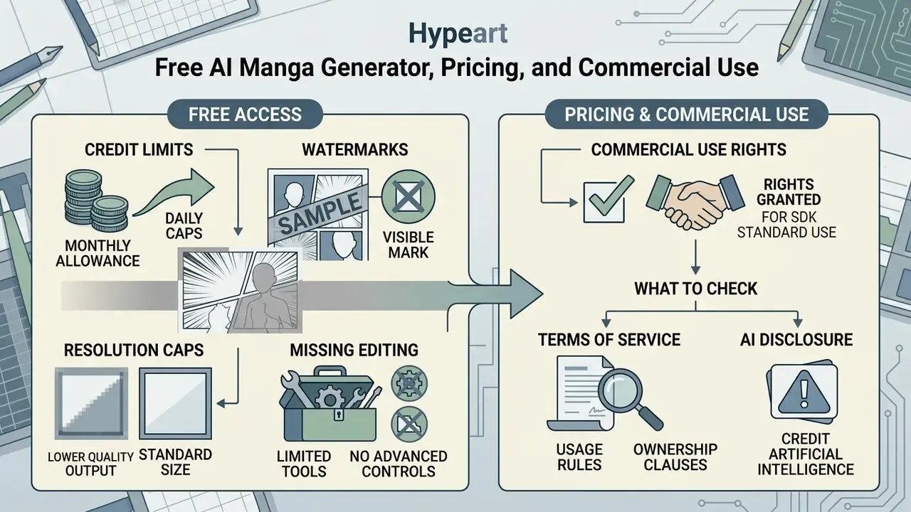 Infographic comparing free access limitations against commercial usage rights and terms of service requirements