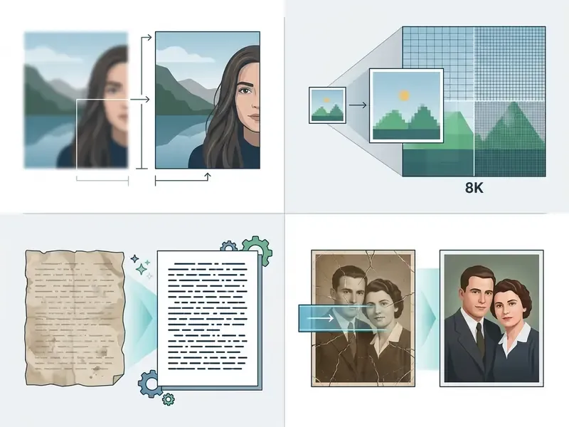 Four panels showing digital upscaling, pixel grid expansion, document restoration, and photo repair