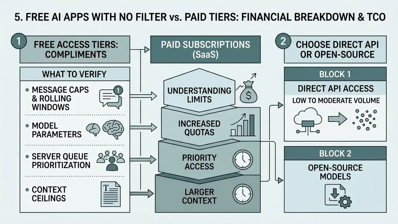 Comparison chart outlining factors for free access tiers, paid SaaS subscriptions, and API usage