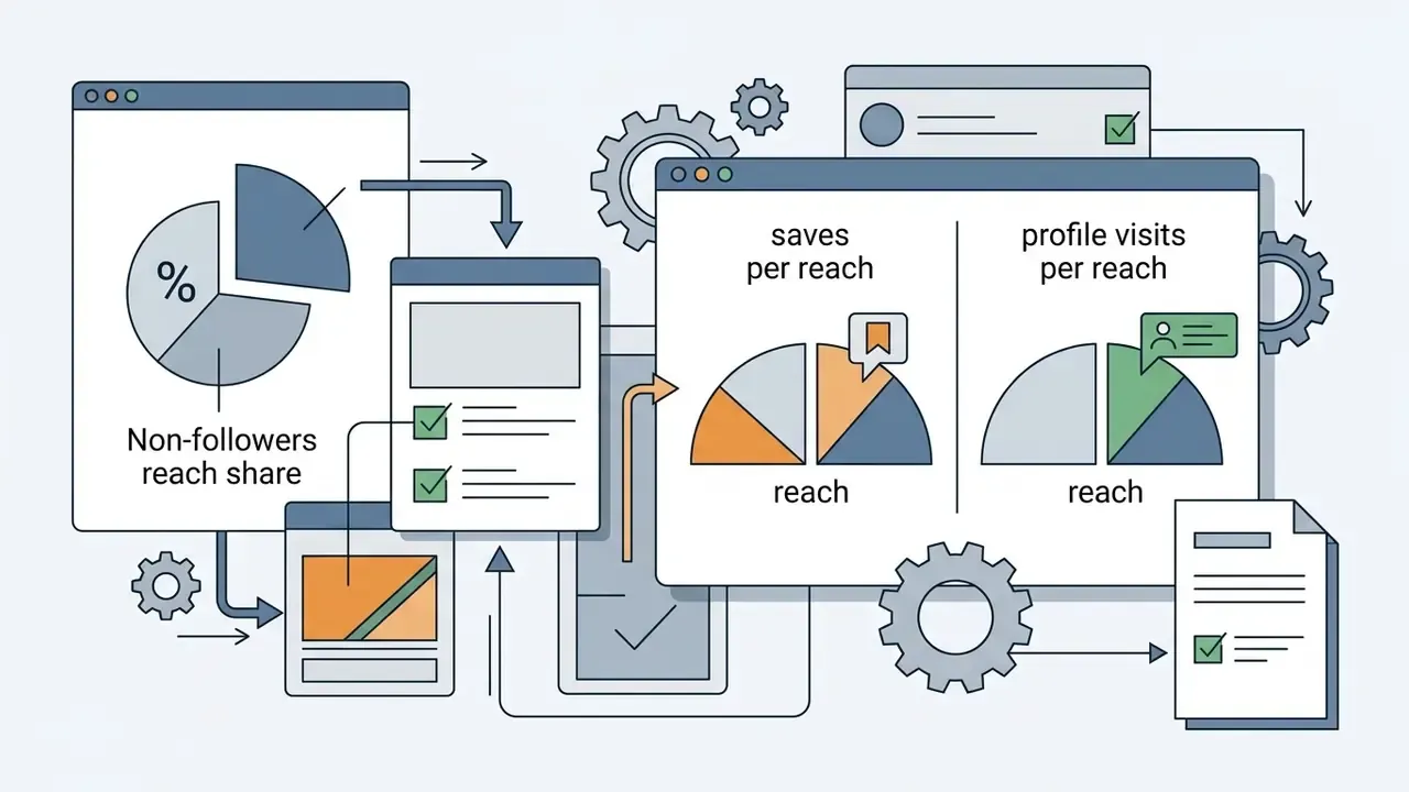 Data windows and gears showing a workflow for analyzing non-follower reach, saves, and profile visits