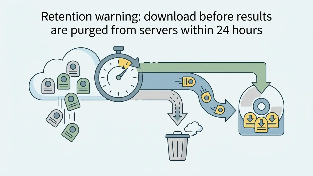 Timer icon showing files moving from a cloud storage to either a local download folder or a trash bin