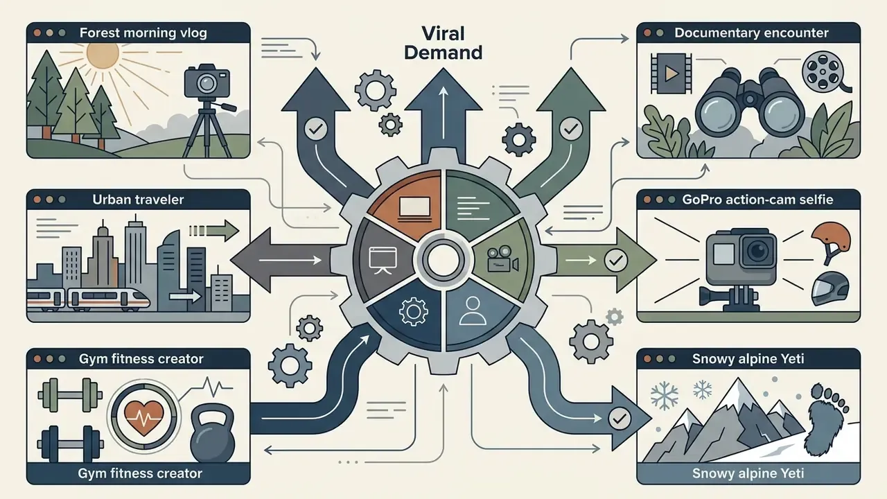 Central gear mechanism connecting six distinct video content archetypes to drive viral demand