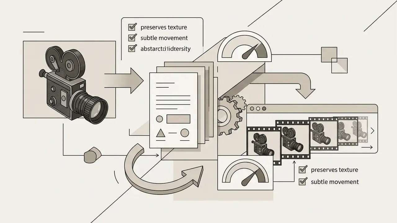 Vintage camera icon feeding into a processing box with gauges and film strip output for video generation