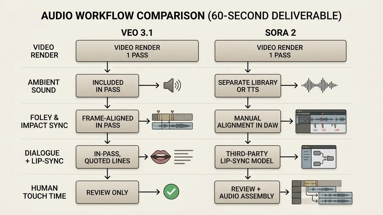 Side-by-side comparison of Sora vs Veo audio production workflows for video generation