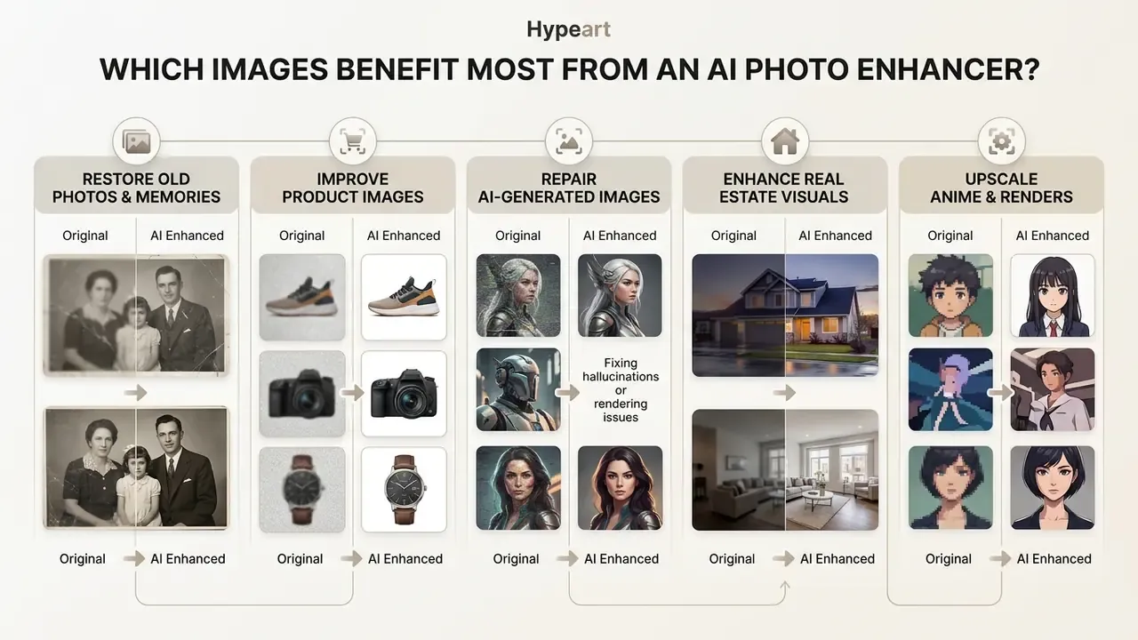 Infographic showing side-by-side comparisons of various image types before and after AI enhancement