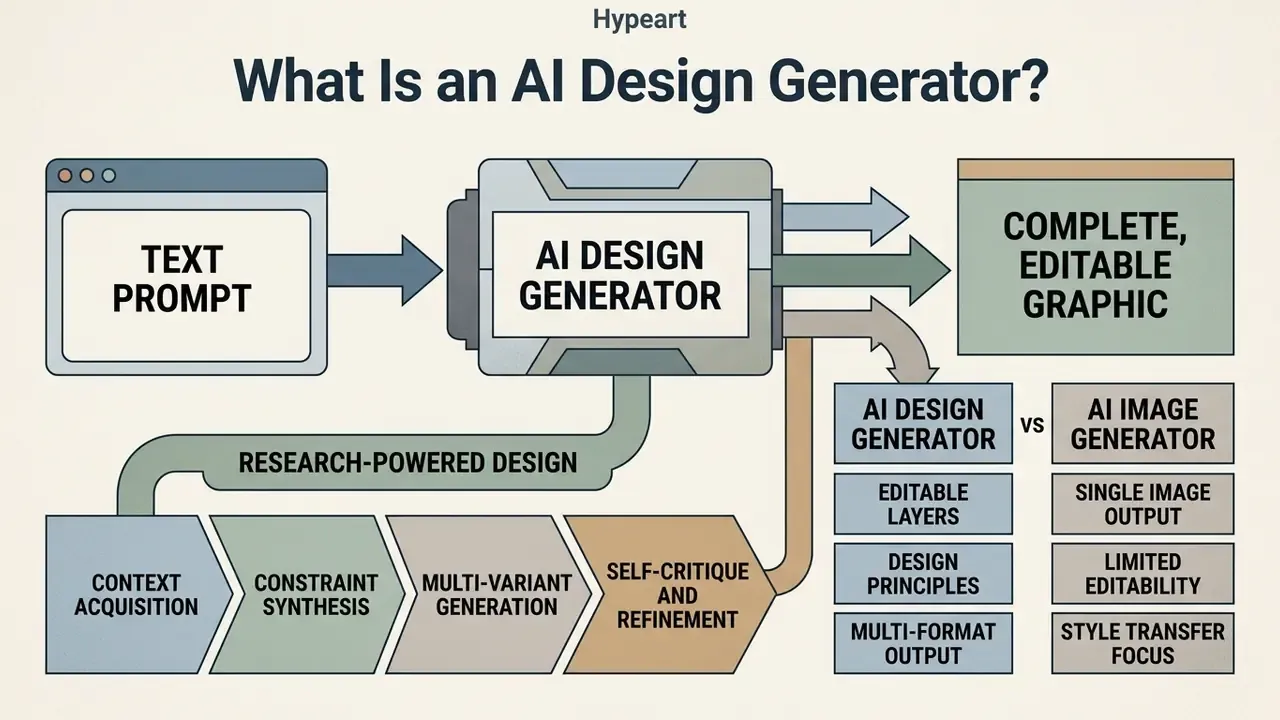 Flowchart showing how an AI design generator converts text prompts into editable graphics via research