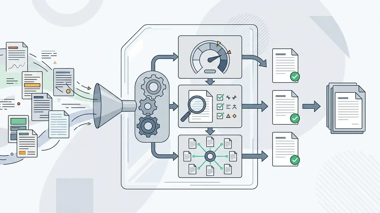 Multiple files entering a funnel and gear system for analysis and verification into finalized documents