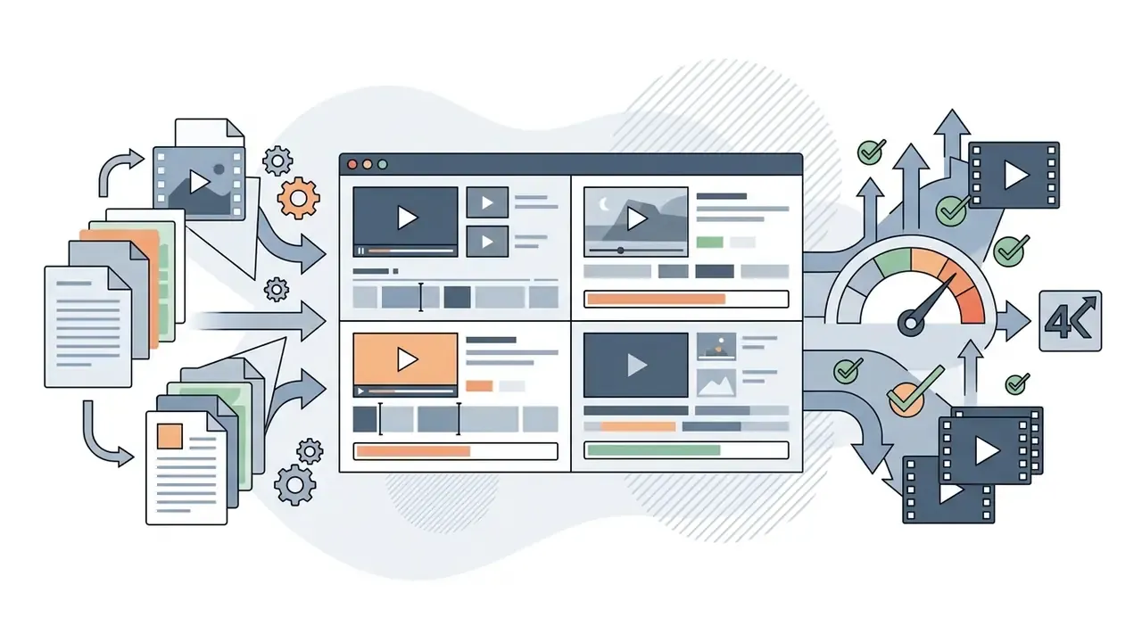 Documents and video files feeding into a web workspace that outputs processed clips and 4K media