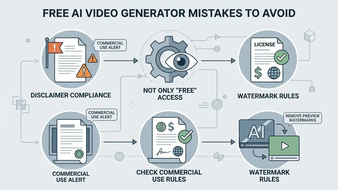 Flowchart showing considerations for disclaimer compliance, commercial use rights, and watermark removal