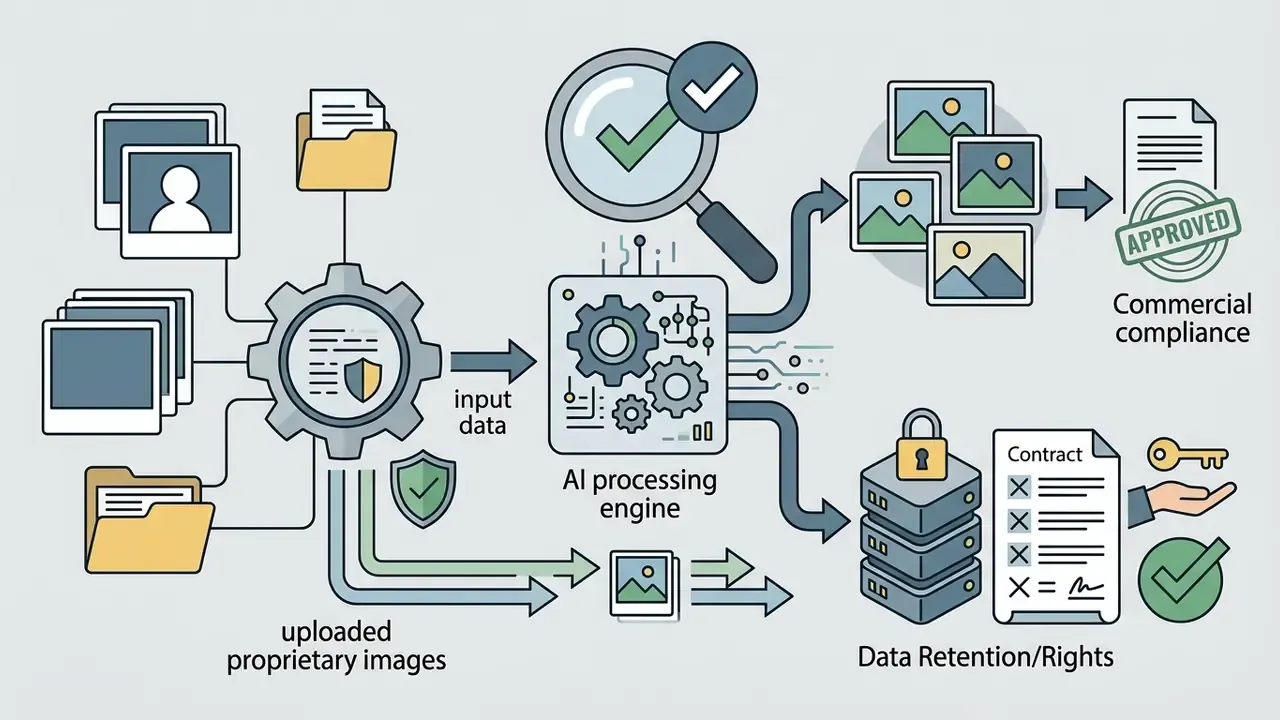 Flowchart showing uploaded images moving through an AI engine to reach commercial compliance and data rights