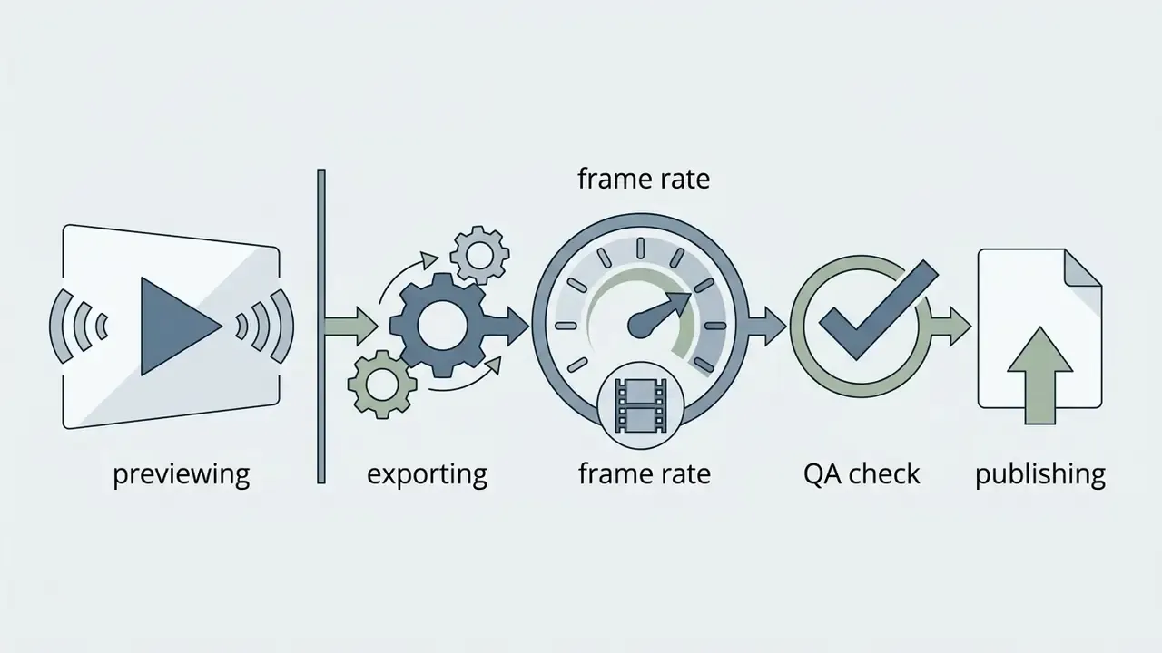 Process flow showing video preview, gear export, frame rate gauge, quality check, and file upload