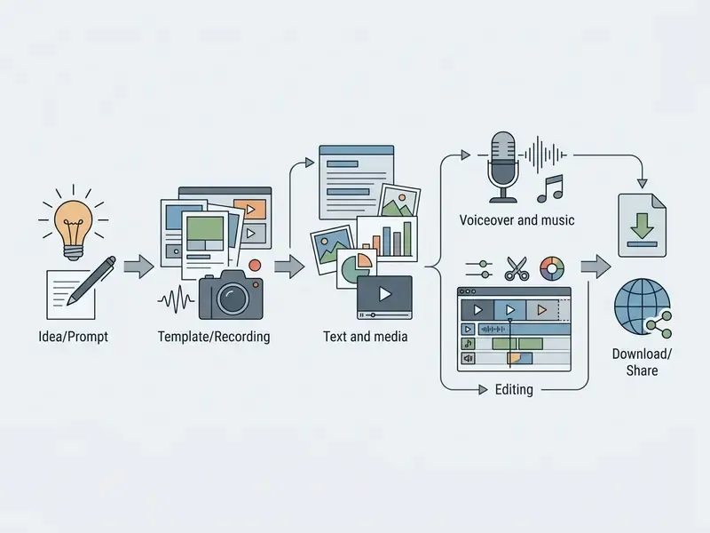 Sequential diagram showing the stages of creating media from an initial idea to final download and sharing